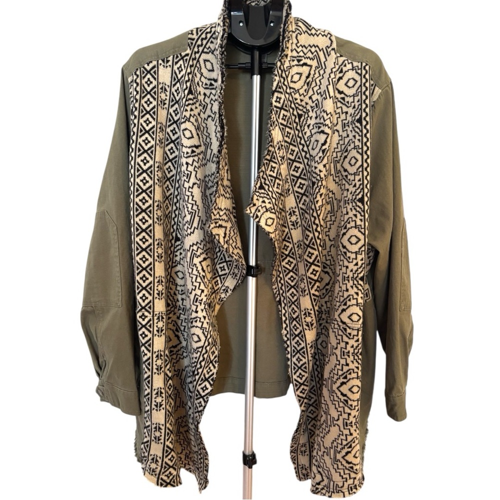 2X Open Front Cardigan Aztec Knit Trim Olive Green Boho Waterfall Jacket